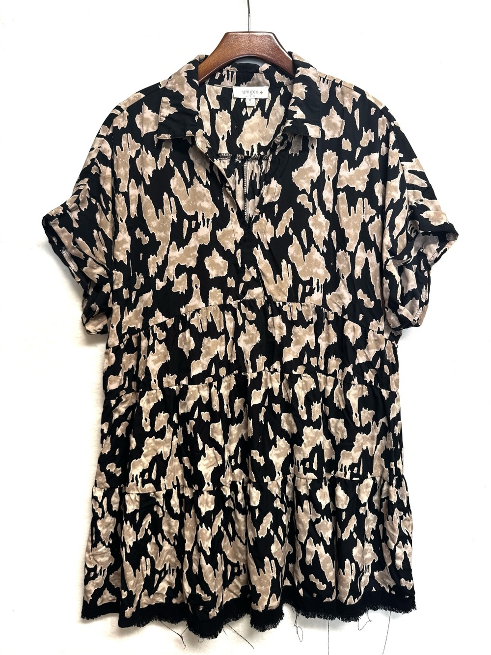 Umgee  XL Babydoll Dress Short Tiered Sleeve Raw Hem Animal Print Boho Festival